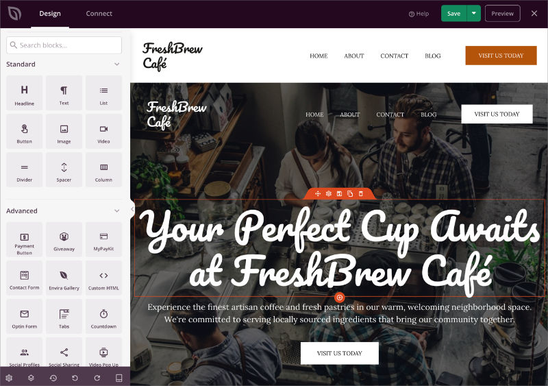 Generated WordPress website open in the SeedProd drag and drop editor