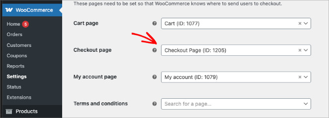 Selecting the new SeedProd checkout page in WooCommerce Advanced Settings.