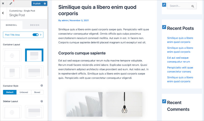 Astra WordPress Customizer interface showing live editing for colors and typography.”