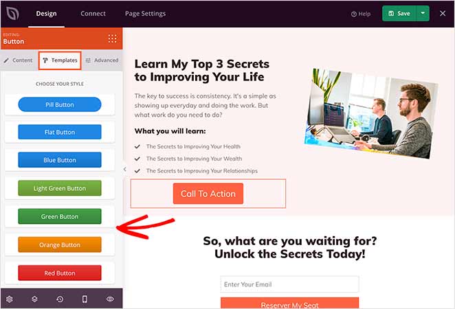 Choose templates for content elements on your landing page in WordPress