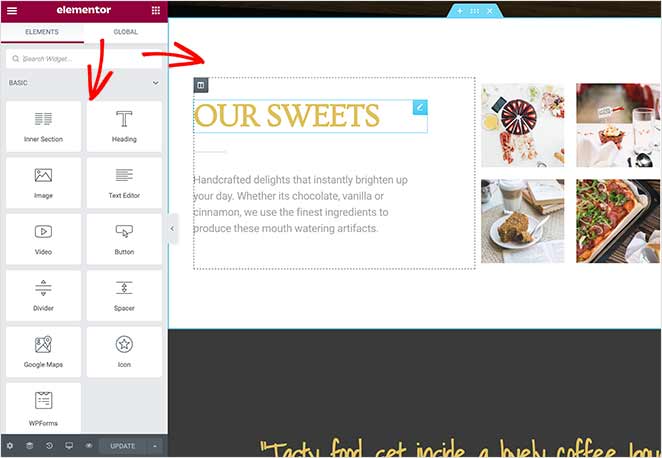 Elementor page builder interface with landing page template library