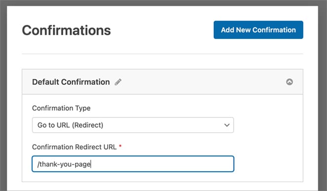 WPForms confirmation settings for redirecting to thank you page