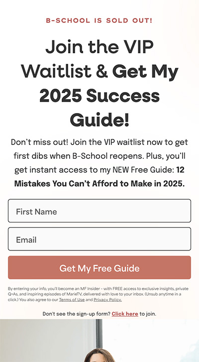 Marie Forleo mobile landing page example