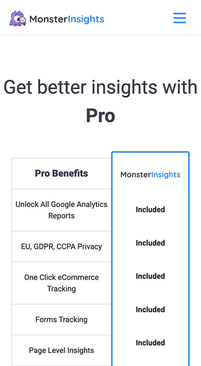 MonsterInsights mobile landing page example