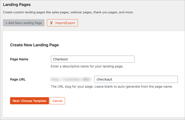 Entering a custom page name for a new landing page in SeedProd.