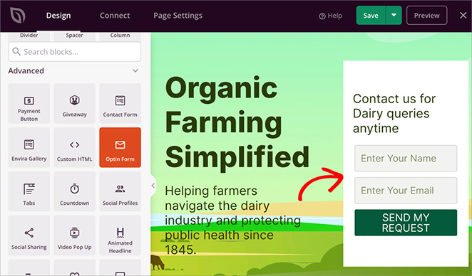 Add an opt-in form to collect email leads on your landing page
