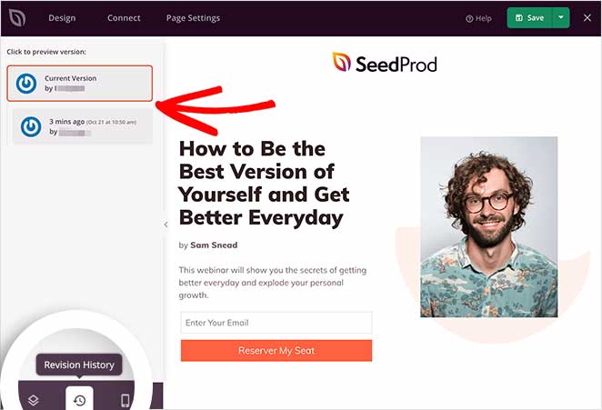 WordPress landing page revision history