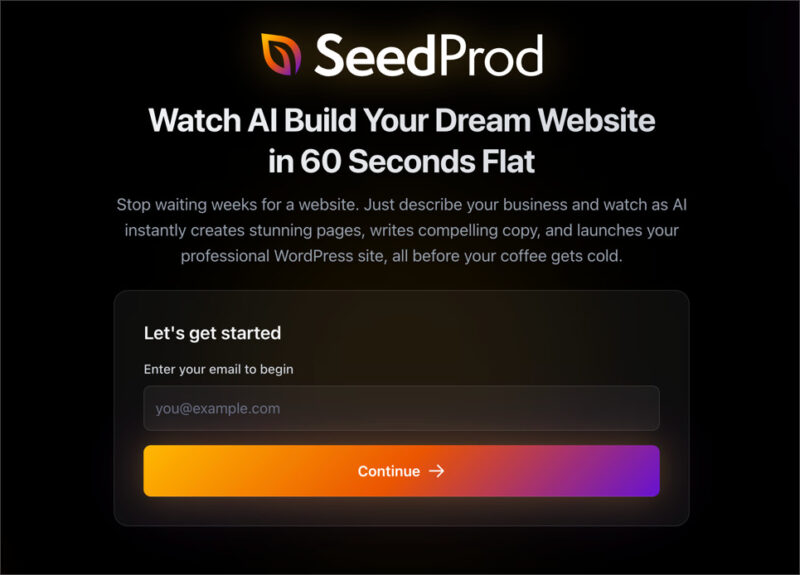 SeedProd AI dashboard showing the AI website builder inside WordPress