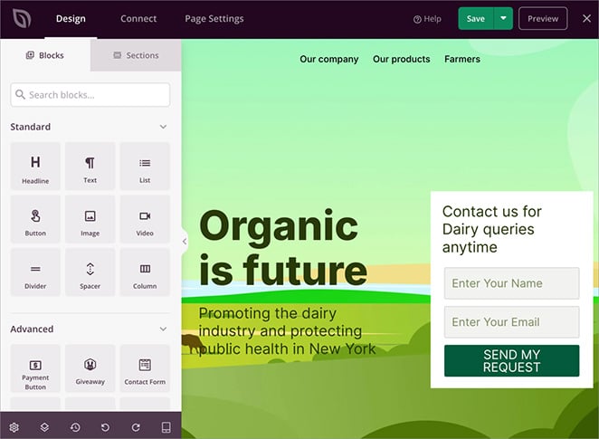 SeedProd landing page builder interface showing drag and drop editor