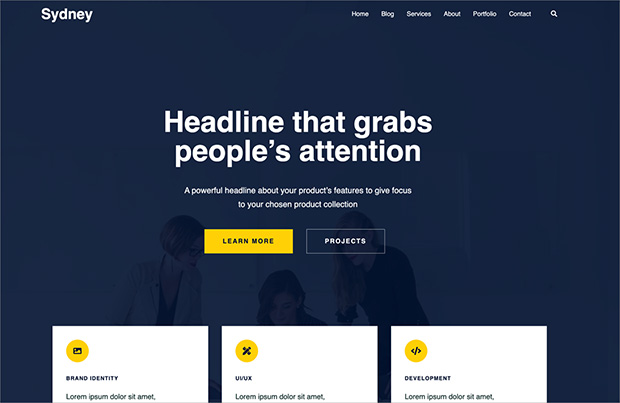 Sydney WordPress theme homepage demo with clean professional layout.