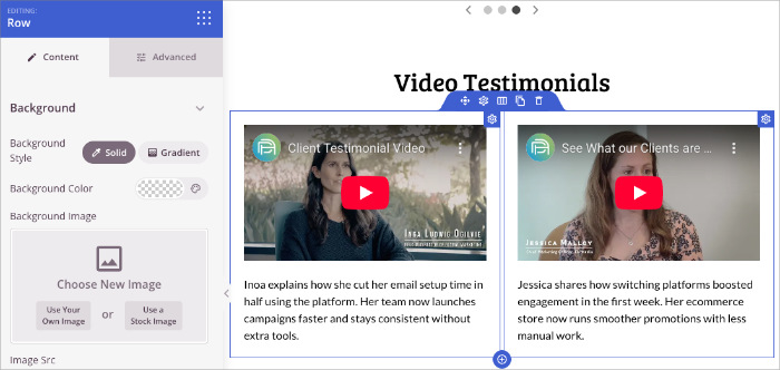 SeedProd layout controls for adjusting spacing and column settings on a testimonial section.