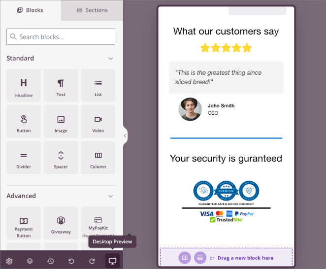 Using SeedProd mobile preview to check trust badge placement on smaller screens.