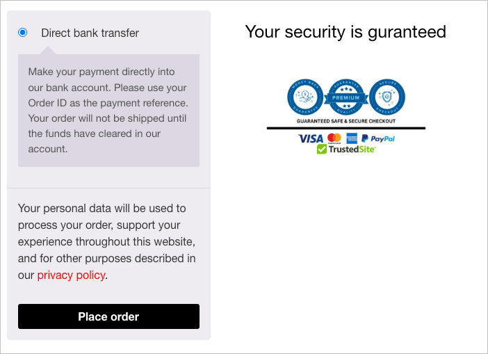 Example of WooCommerce checkout layout with trust badges placed near the Place Order button.