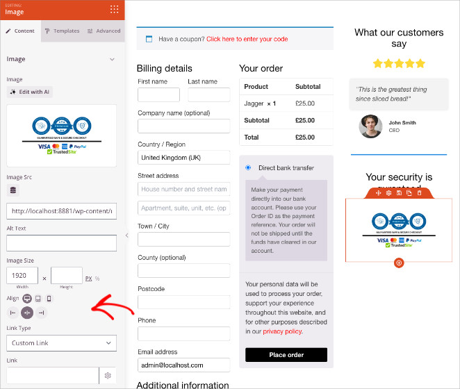 Adjusting alignment, size, and spacing of trust badge images in the SeedProd settings panel.