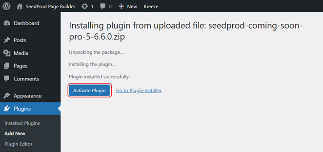 Activate SeedProd plugin in WordPress dashboard