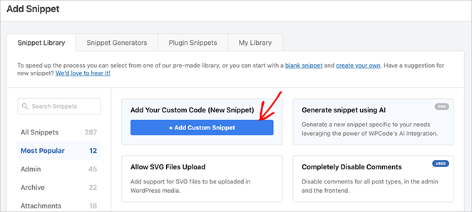Add custom code snippet in WPCode