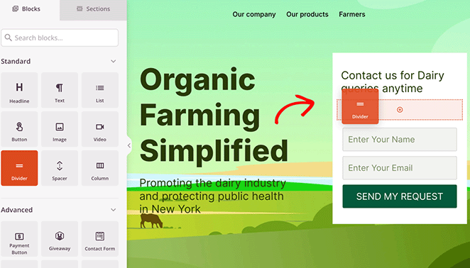 Add new elements like headlines, images, and forms to a WordPress landing page