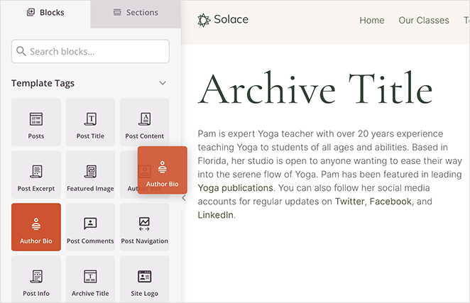 Dragging the Author Bio block into a Author Archive page layout in SeedProd