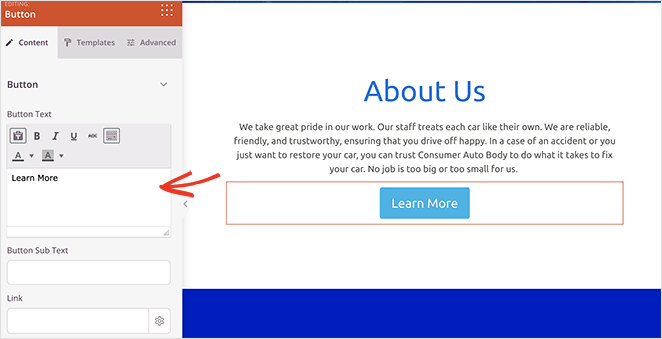 Customize button block styles for a WordPress service page