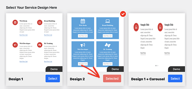 Select a pre-designed layout for service boxes in WordPress