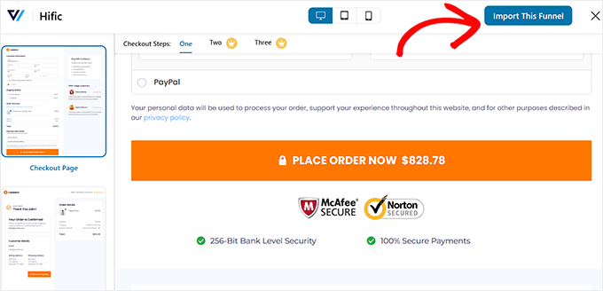 Choosing a FunnelKit store checkout template with built-in trust badges.