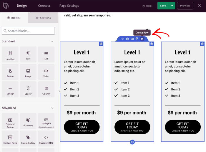 User hovering over a block in SeedProd with the trashcan icon visible to delete the element.