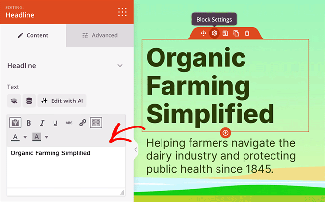 Edit landing page elements like text, buttons, and form blocks