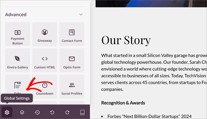 Opening the global page settings in SeedProd