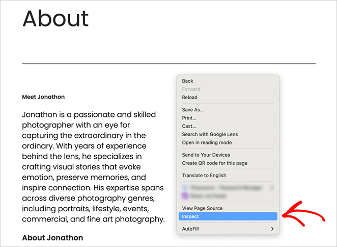Inspecting a WordPress page element in Chrome web browser