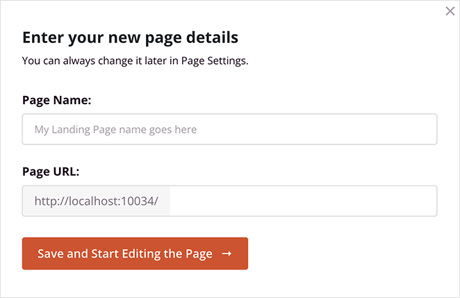 Enter landing page name and URL in SeedProd setup