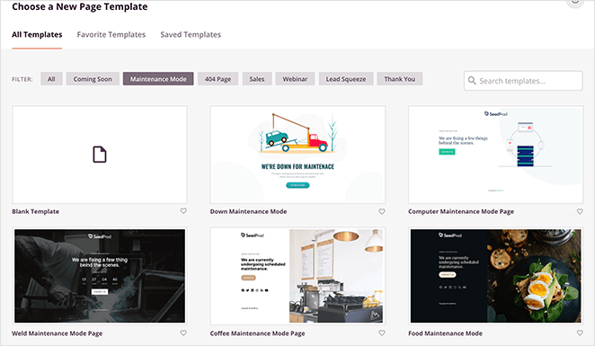 Choose a premade maintenance mode page template in SeedProd