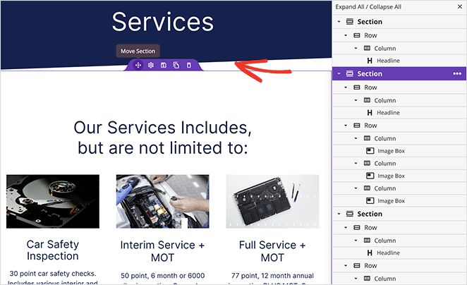 Reposition a service section in WordPress using SeedProd drag-and-drop