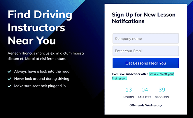 Example of a service landing page built to promote a specific offer and convert visitors into leads