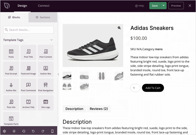 WooCommerce product page template edited in the SeedProd builder
