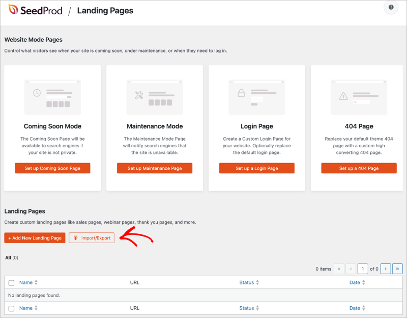Updated Landing Pages dashboard in SeedProd with Import and Export options for reusing and transferring page designs.