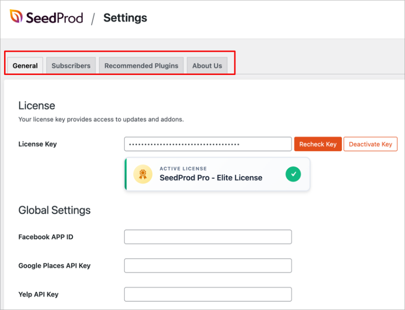 New Settings screen in SeedProd with organized tabs for General, Subscribers, Recommended Plugins, and About Us.