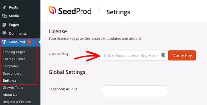 Enter your SeedProd license key in WordPress settings