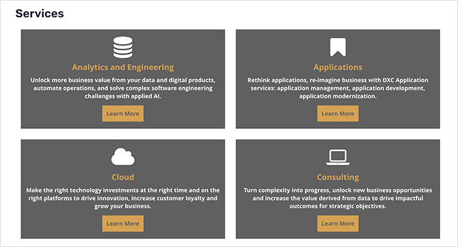 Finished design of a WordPress service box layout
