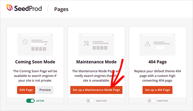 SeedProd Pages screen with option to set up a WordPress maintenance mode page