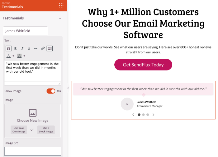 Settings panel for customizing testimonial text, name, and headshot in SeedProd.