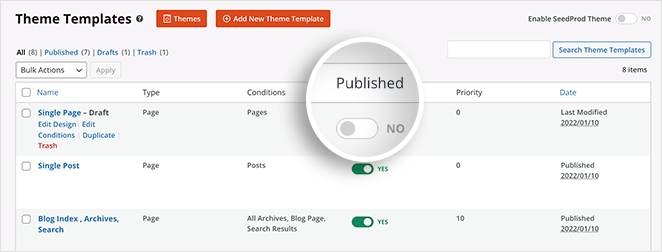 Unpublish a theme template in SeedProd