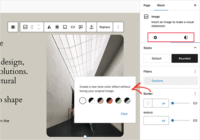 WordPress Block Editor customization panel with styling options for landing page elements