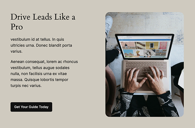 Example of a finished landing page built with WordPress Block Editor showing simple layout