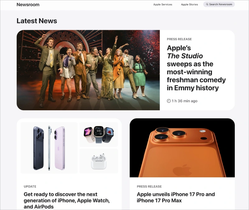 Apple Newsroom showing Latest News grid and category filters