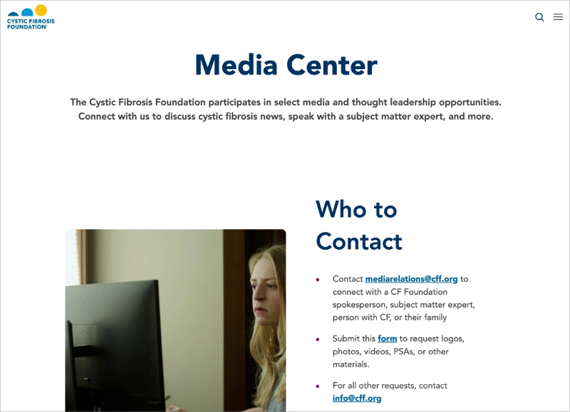 Cystic Fibrosis Foundation media center with contacts and resources