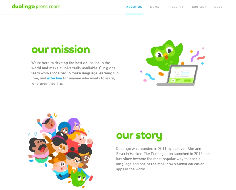 Duolingo press room with mission, story, and press links