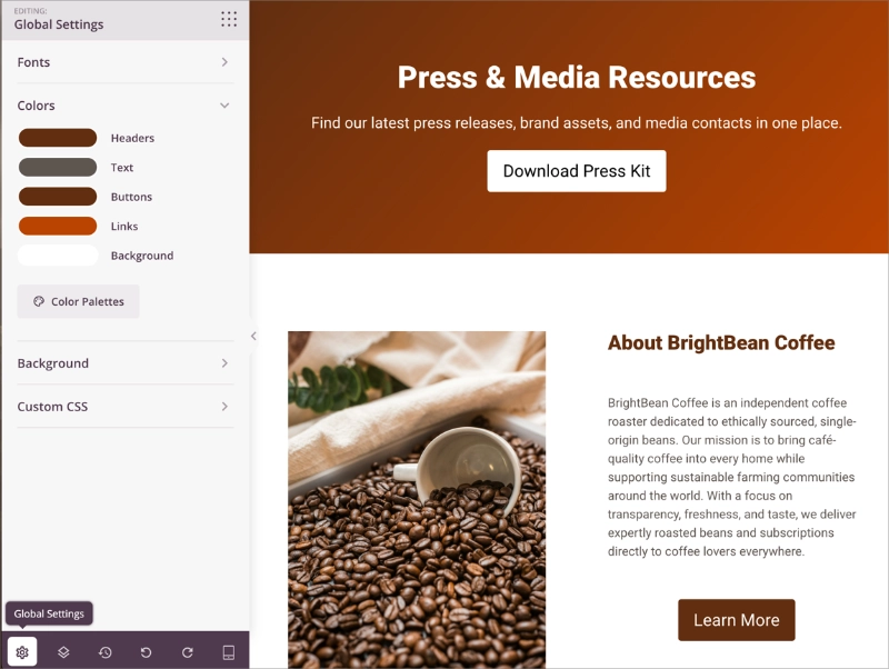 Customize your press page colours, fonts, background, and CSS in SeedProd