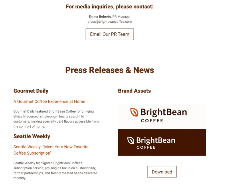 Finished press page example with a clean, professional layout