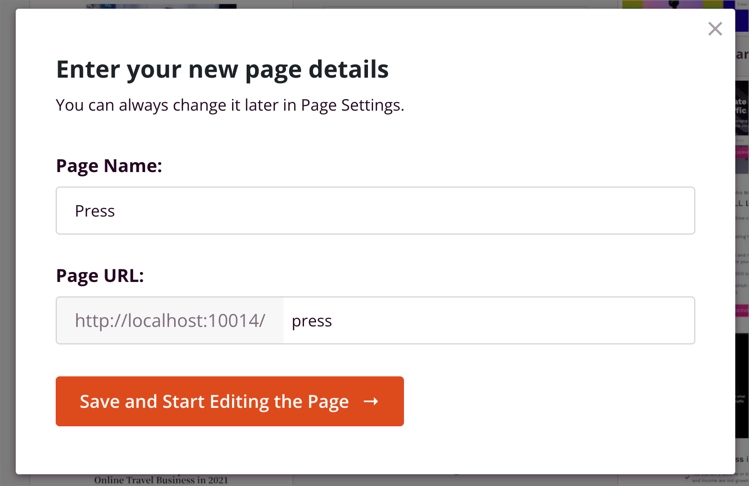 Example press page name and URL set to /press/