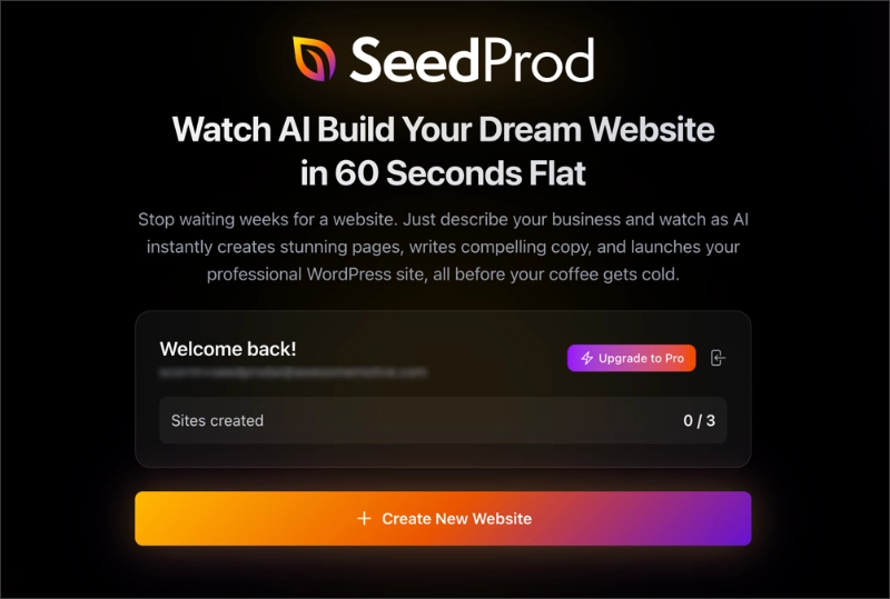 SeedProd AI dashboard with “Create New Website” button highlighted